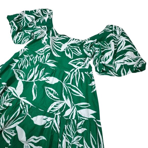 Meadow Rhodes Printed Tiered Midi Dress Sz.L Green Cotton Puff Sleeve Summer - Picture 9 of 15